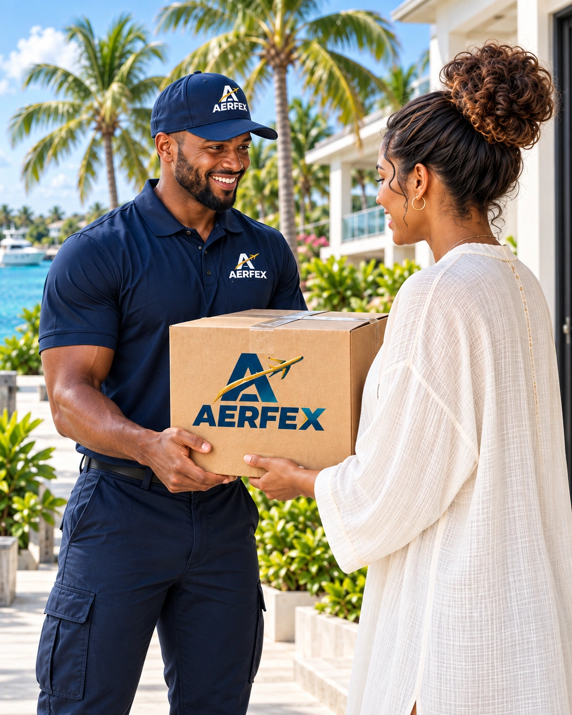 An AERFEX driver hands a branded AERFEX package to a customer at her front door.