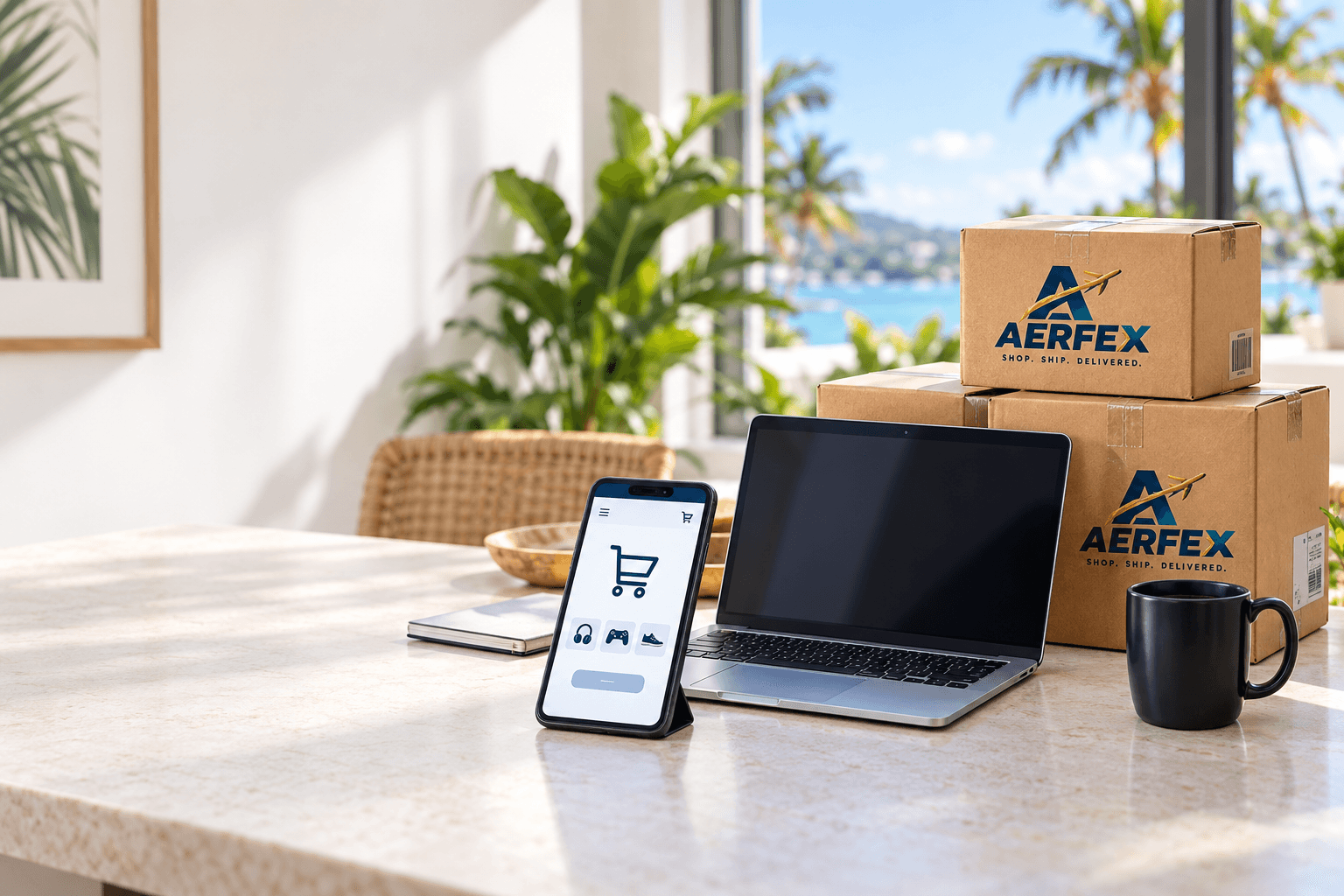A phone, laptop and stacked AERFEX parcels on a desk, with the ocean visible through the window.