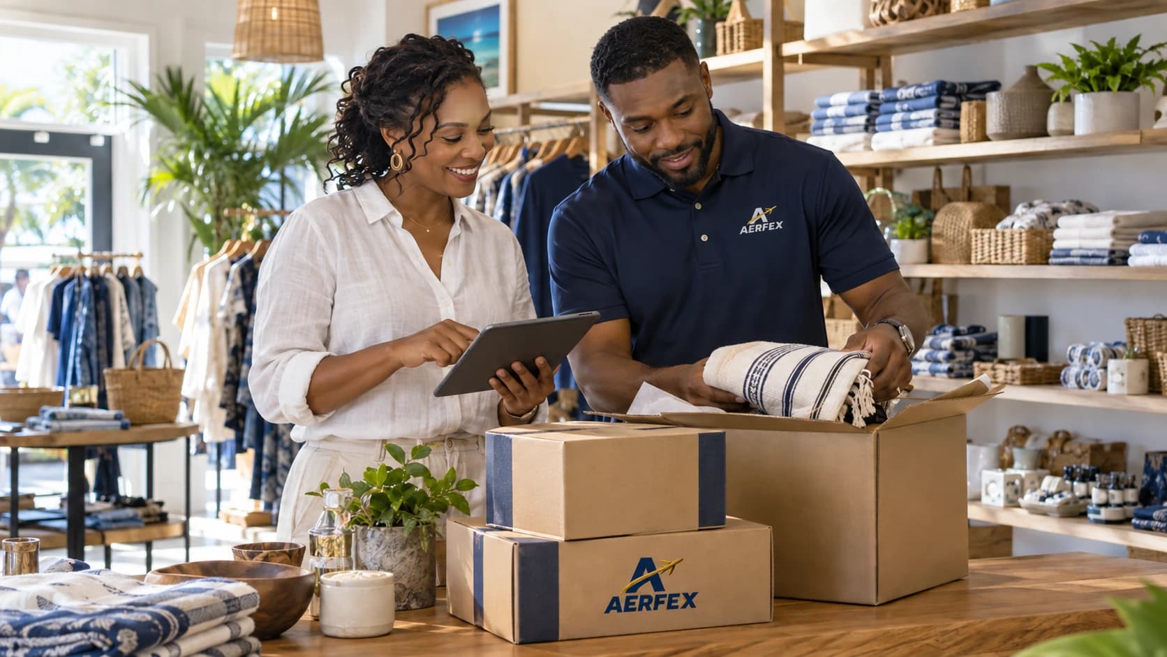 A shop owner and logistics specialist checking new stock in a bright boutique.