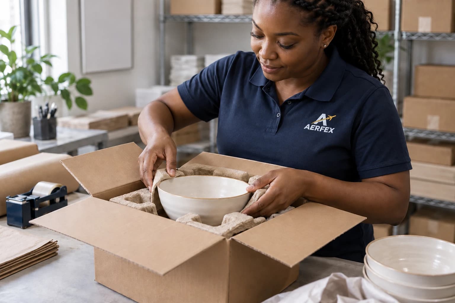 A packing specialist protecting a ceramic bowl with cushioning material.