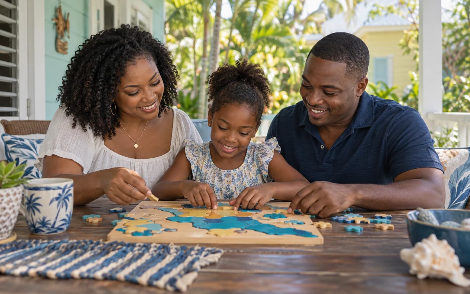 A family sharing an afternoon together on a shaded Bahamian veranda.