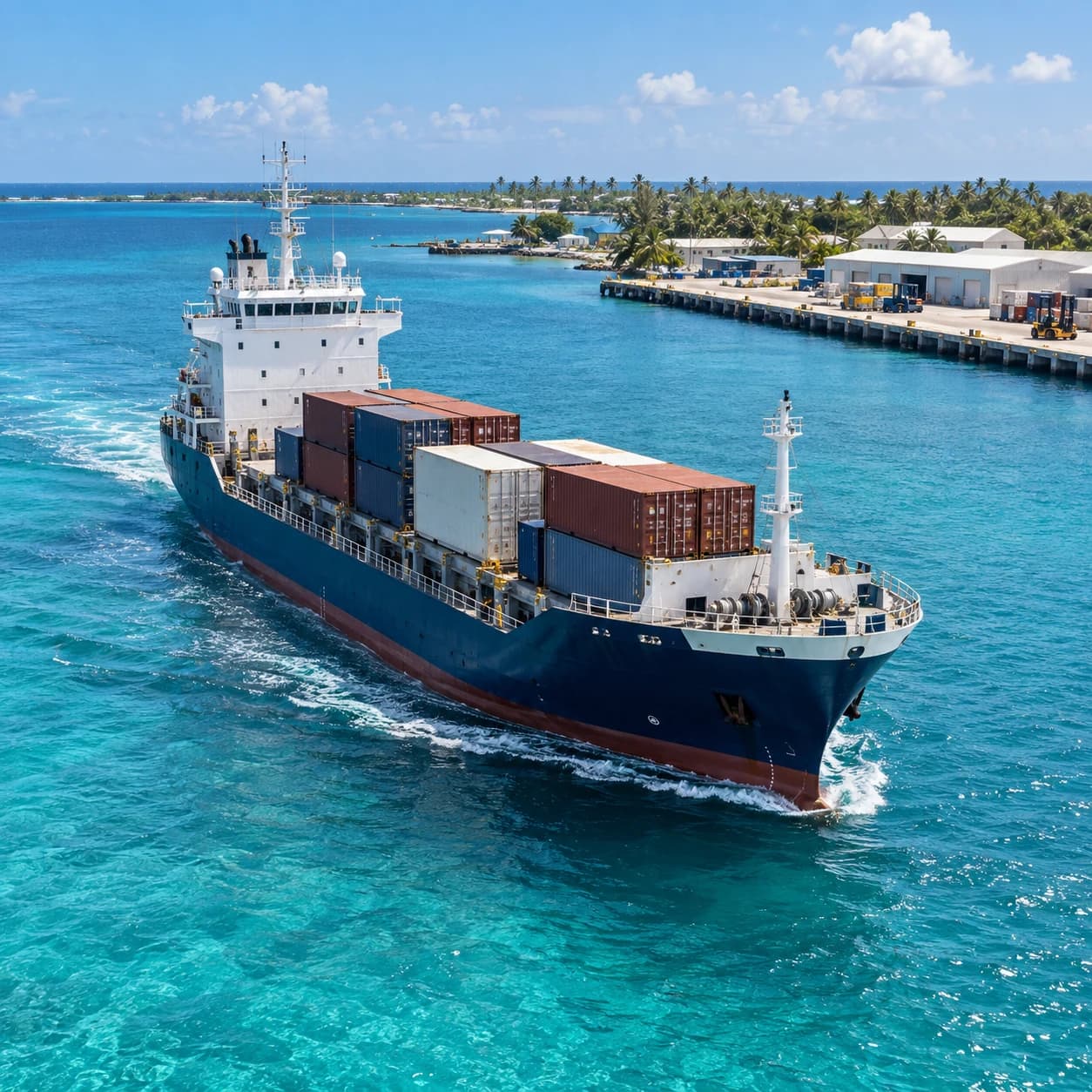 A coastal cargo vessel approaching a palm-lined island harbor.