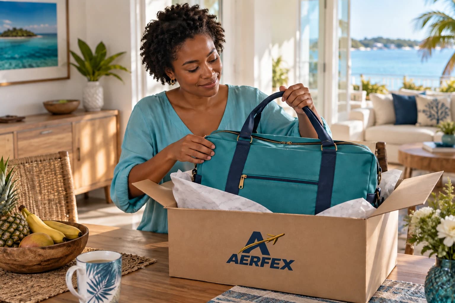 A woman unboxing a new teal travel bag at home.
