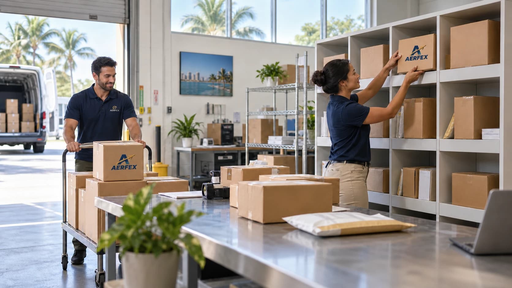 A warehouse team organizing incoming parcels at receiving shelves.