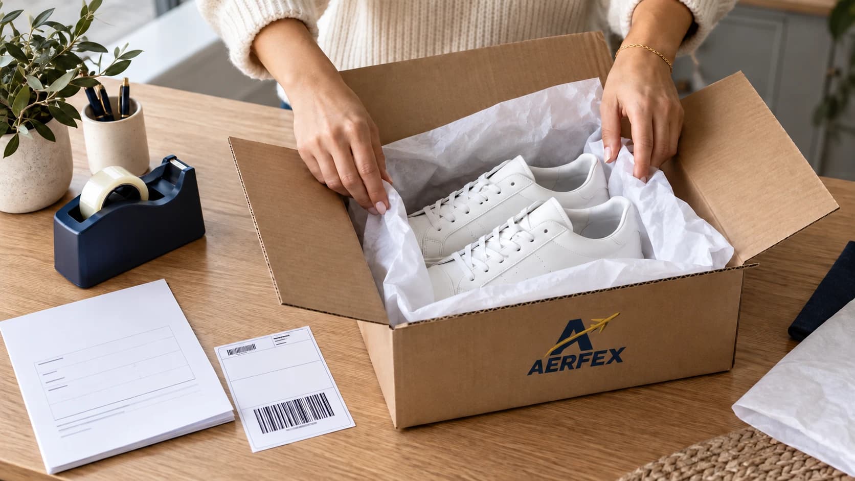 Hands carefully packing a pair of shoes beside a return shipping label.